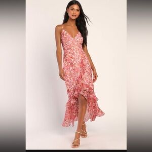 Lulus Always Enchanting Pink Floral Metallic
Ruffled High-Low Dress